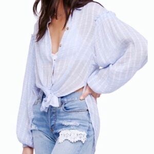 Free People Headed To The Highlands Blue Gauzy Button Down Shirt. Size Medium